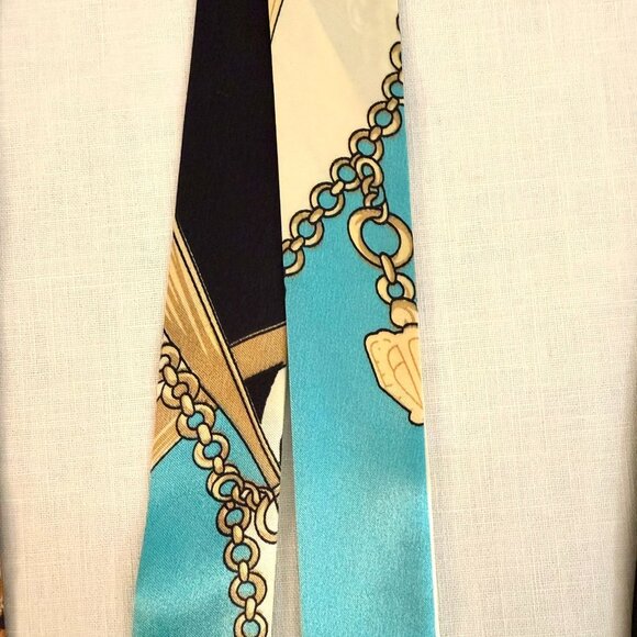 Turquoise Chain Print Slim Silk Scarf 34in Nautical Glam Retro Style Hairband - Picture 5 of 7